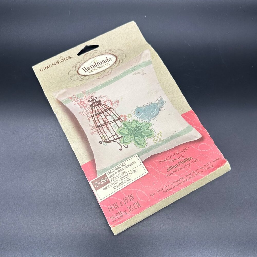 Dimensions Pillow Cover Kit Birdcage Blue Bird Cottagecore Embroidery Crafting